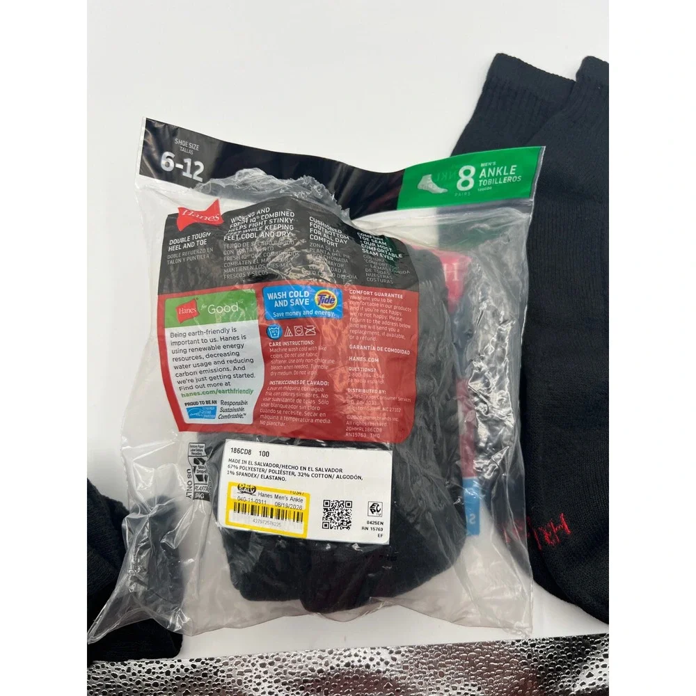 Hanes Mens Cushion Ankle Socks Black 7 Pairs Shoe Size 6-12 Double Tough FreshIQ